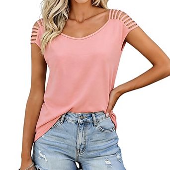 Women's Short Sleeve T Shirt Cut Out Shoulder Casual V Neck Summer Blouse Tops