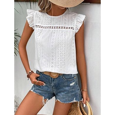 Women's Eyelet Ruffle Sleeve Top Round Neck Casual Blouse
