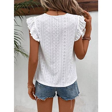Women's Eyelet Ruffle Sleeve Top Round Neck Casual Blouse