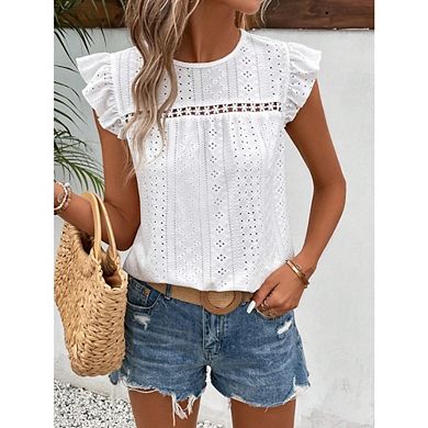Women's Eyelet Ruffle Sleeve Top Round Neck Casual Blouse