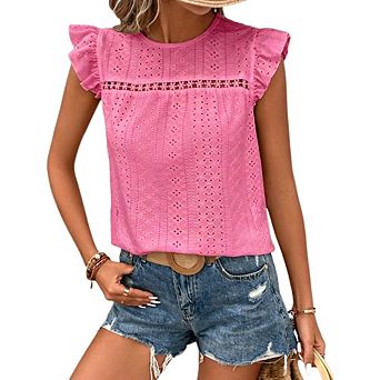 Women's Eyelet Ruffle Sleeve Top Round Neck Casual Blouse