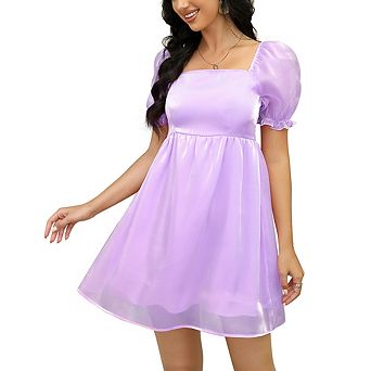 Women Puff Sleeve Organza Mini Dress,Square Neck Smocked Back A-Line Short Dress,Casual Party Dress