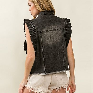 Women's Denim Ruffle Vest Sleeveless Button-Down Washed Jean Jacket