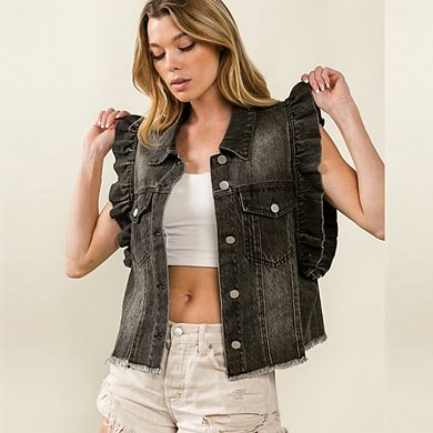Women's Denim Ruffle Vest Sleeveless Button-Down Washed Jean Jacket