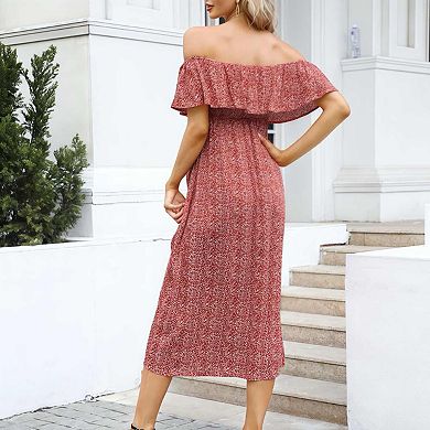 Off Shoulder Ruffle Maternity Dress Split Hem Flowy Long Maxi Dress for Women Pregnancy