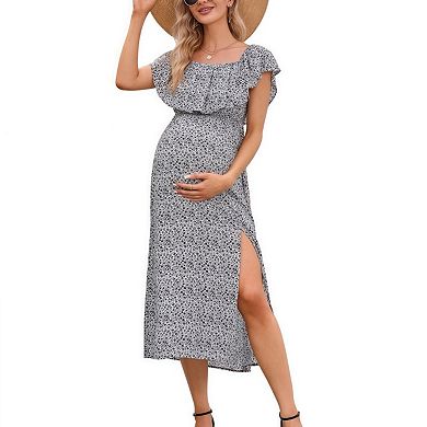 Off Shoulder Ruffle Maternity Dress Split Hem Flowy Long Maxi Dress for Women Pregnancy
