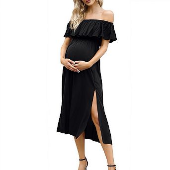Off Shoulder Ruffle Maternity Dress Split Hem Flowy Long Maxi Dress for Women Pregnancy