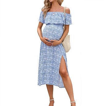 Off Shoulder Ruffle Maternity Dress Split Hem Flowy Long Maxi Dress for Women Pregnancy