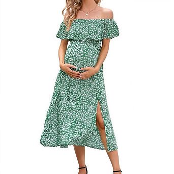 Off Shoulder Ruffle Maternity Dress Split Hem Flowy Long Maxi Dress for Women Pregnancy