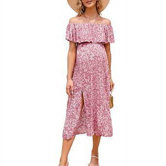 Off Shoulder Ruffle Maternity Dress Split Hem Flowy Long Maxi Dress for Women Pregnancy