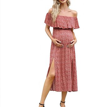 Off Shoulder Ruffle Maternity Dress Split Hem Flowy Long Maxi Dress for Women Pregnancy