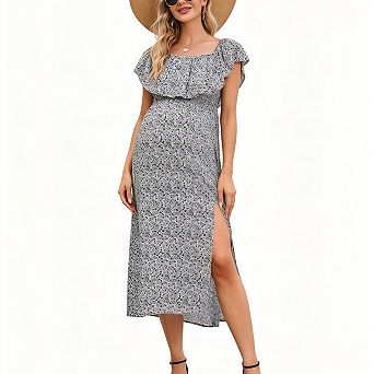 Off Shoulder Ruffle Maternity Dress Split Hem Flowy Long Maxi Dress for Women Pregnancy