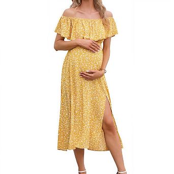 Off Shoulder Ruffle Maternity Dress Split Hem Flowy Long Maxi Dress for Women Pregnancy