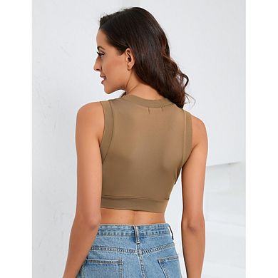 Women's High Neck Sleeveless Crop Tank Top, Casual Fitted Basic Workout Crop Top for Daily Wear