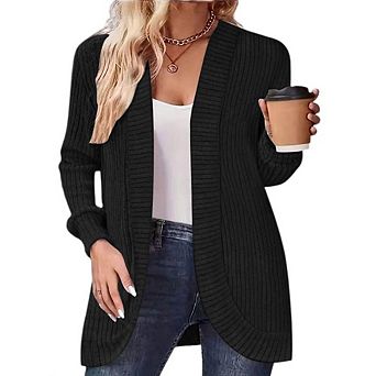 Women's Long Ribbed Cardigan, Open Front Casual Knit Sweater Coat