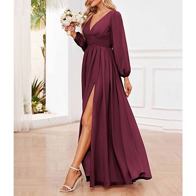 Women's V Neck Maxi Dress Long Puff Sleeve Formal Evening Gown with Slit