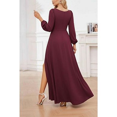 Women's V Neck Maxi Dress Long Puff Sleeve Formal Evening Gown with Slit