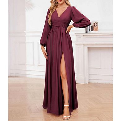 Women's V Neck Maxi Dress Long Puff Sleeve Formal Evening Gown with Slit