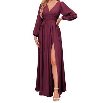 Women's V Neck Maxi Dress Long Puff Sleeve Formal Evening Gown with Slit