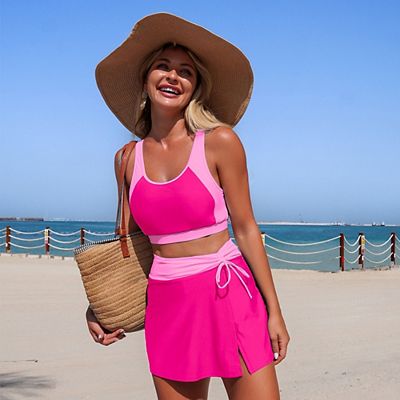 Women's Color Block 2 Piece Swim Skirt Set, Crop Top Tankini with