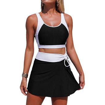 Women's Color Block 2 pc Swim Skirt Set, Crop Top Tankini with Drawstring Waist Skirt