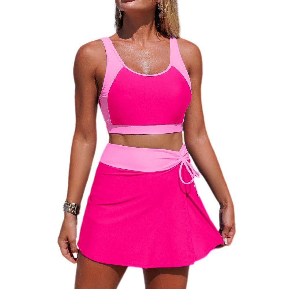 Women's Color Block 2 Piece Swim Skirt Set, Crop Top Tankini with