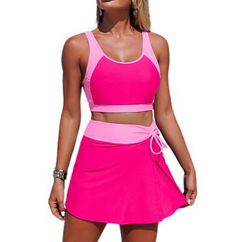 Women's Color Block 2 pc Swim Skirt Set, Crop Top Tankini with Drawstring Waist Skirt