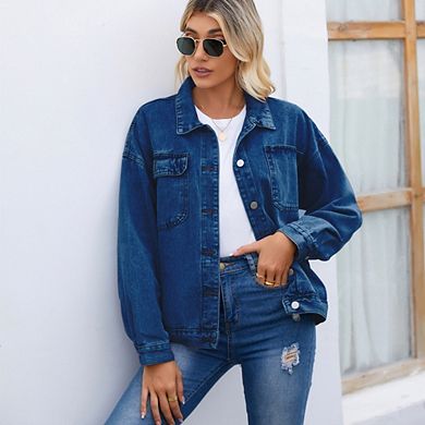 Women's Oversized Denim Jacket Button Down Casual Long Sleeve Jean Coat