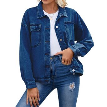 Women's Oversized Denim Jacket Button Down Casual Long Sleeve Jean Coat