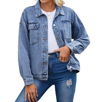 Women's Oversized Denim Jacket Button Down Casual Long Sleeve Jean Coat