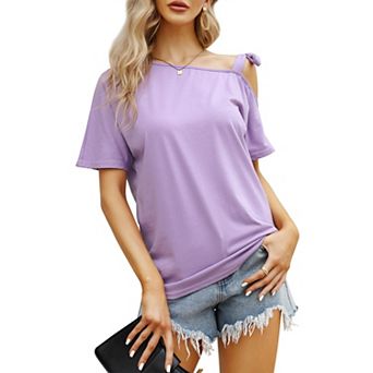Womens One Shoulder Tops Tie Cold Shoulder Shirts Summer Short Sleeve T-Shirts Loose Casual Tees