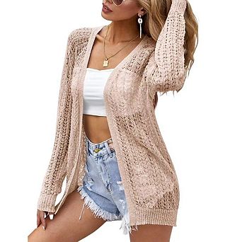 Women's Crochet Cardigan Summer Casual Lightweight Open Front Long Sleeve Cardigans Knit Cover Up