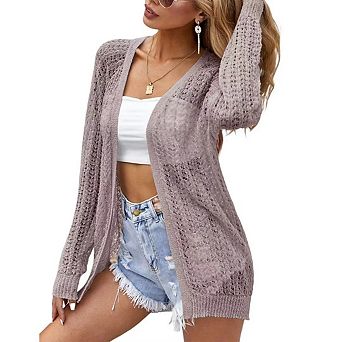 Women's Crochet Cardigan Summer Casual Lightweight Open Front Long Sleeve Cardigans Knit Cover Up