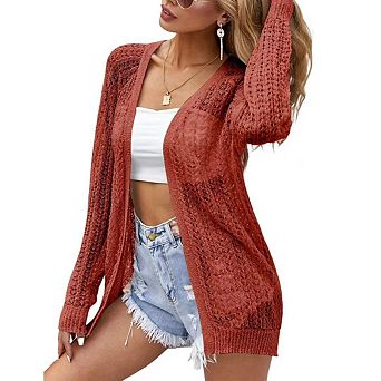 Women's Crochet Cardigan Summer Casual Lightweight Open Front Long Sleeve Cardigans Knit Cover Up