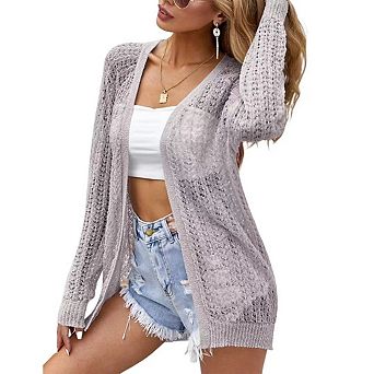 Women's Crochet Cardigan Summer Casual Lightweight Open Front Long Sleeve Cardigans Knit Cover Up
