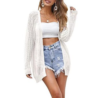 Women's Crochet Cardigan Summer Casual Lightweight Open Front Long Sleeve Cardigans Knit Cover Up