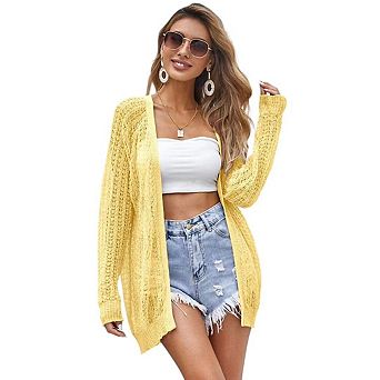 Women's Crochet Cardigan Summer Casual Lightweight Open Front Long Sleeve Cardigans Knit Cover Up
