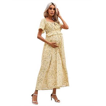 Maternity Floral Maxi Dress, Square Neck Short Sleeve Smocked Waist Long Dress, Casual Summer Dress