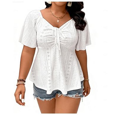 Women's Plus Size Eyelet Peplum Top Square Neck Short Sleeve Casual Blouse