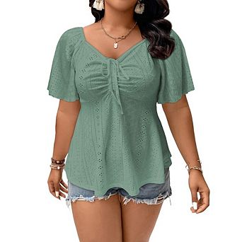 Women's Plus Size Eyelet Peplum Top Square Neck Short Sleeve Casual Blouse
