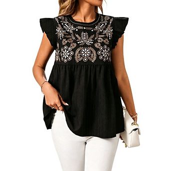 Women's Embroidered Ruffle Sleeve Babydoll Blouse, Casual Peplum Top