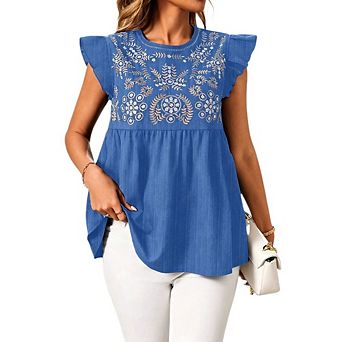 Women's Embroidered Ruffle Sleeve Babydoll Blouse, Casual Peplum Top