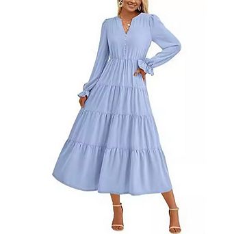 Women's Tiered Maxi Dress Long Sleeve V-Neck Casual Flowy Dress