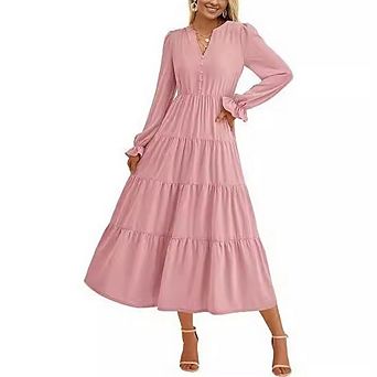 Women's Tiered Maxi Dress Long Sleeve V-Neck Casual Flowy Dress