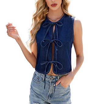 Tank Tops for Women Denim Tie Front Sleeveless Crop Top Fashion Lace Up Vests Tee