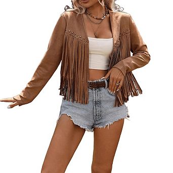 Women Faux Suede Leather Jacket Fringe Cropped Coat