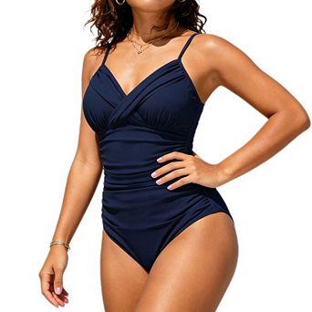 Women's Wrap V Neck One Piece Swimsuit, Ruched Tummy Control Bathing Suit