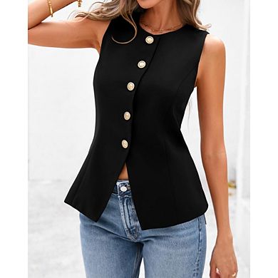 Women's Sleeveless Button Vest Round Neck Casual Tailored Work Blazer Top
