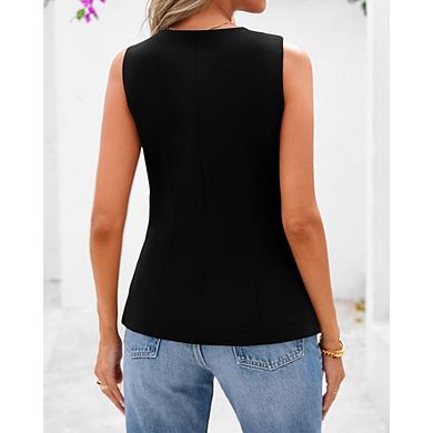 Women's Sleeveless Button Vest Round Neck Casual Tailored Work Blazer Top