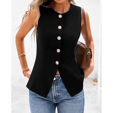 Women's Sleeveless Button Vest Round Neck Casual Tailored Work Blazer Top